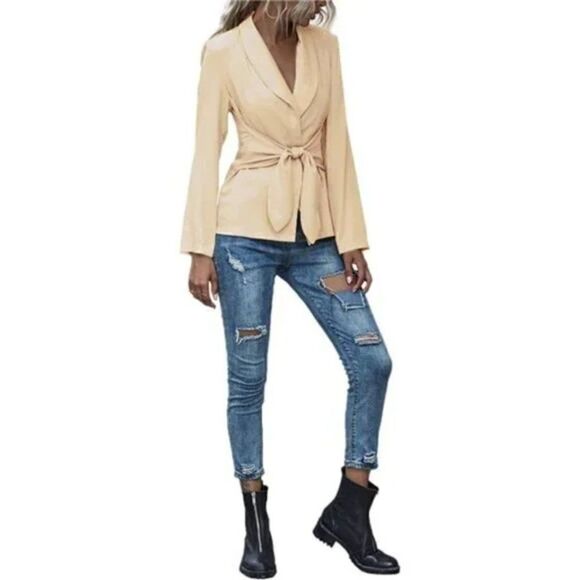 Women's V Neck Blazer Jacket Self Tie Knot Khaki or Beige - Picture 10 of 12